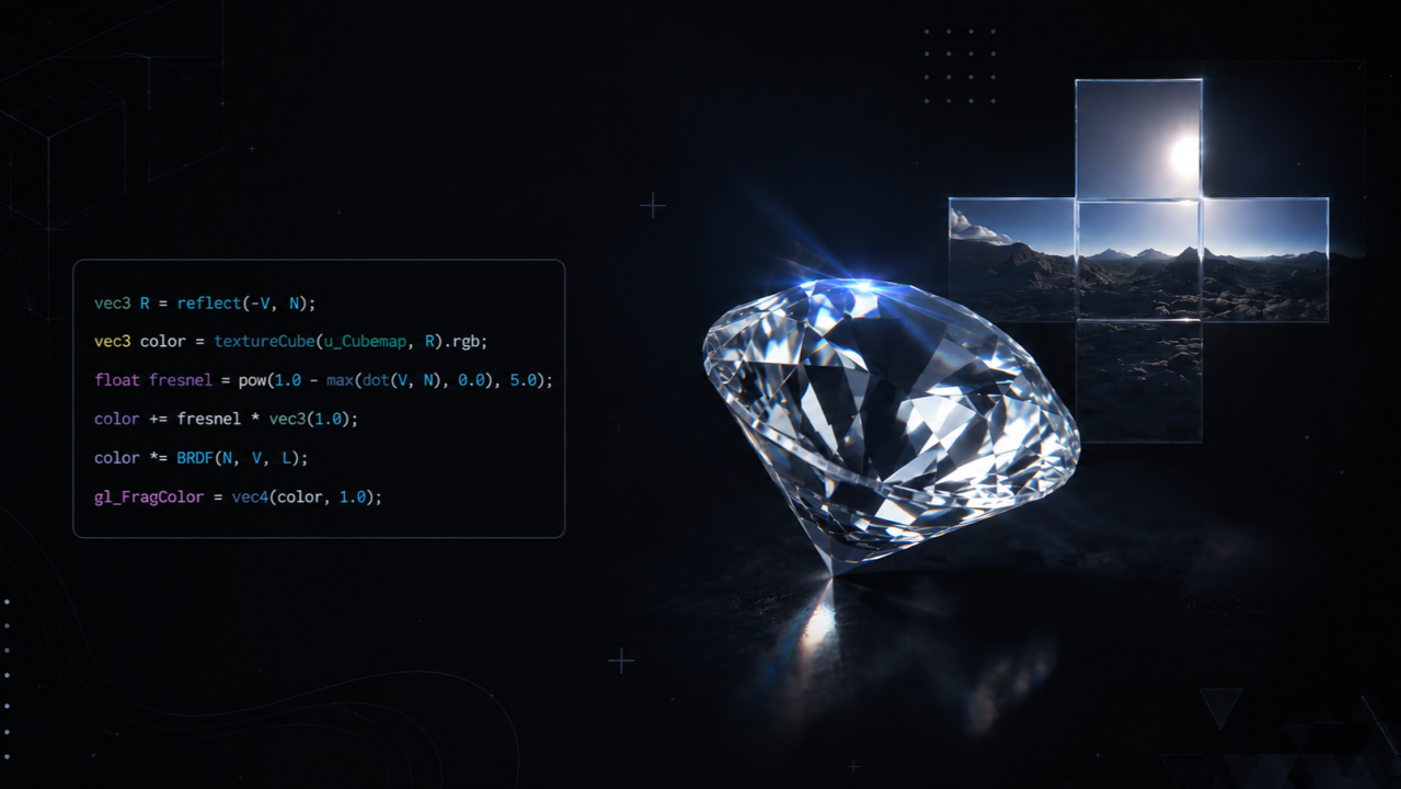 A rendered diamond sparkling against a dark background.