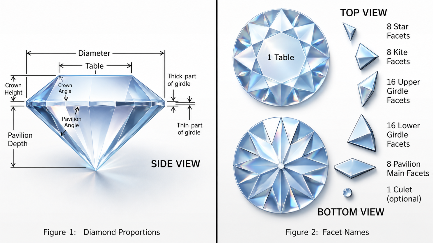 Cross-section of a round brilliant cut diamond showing facet names and proportions.