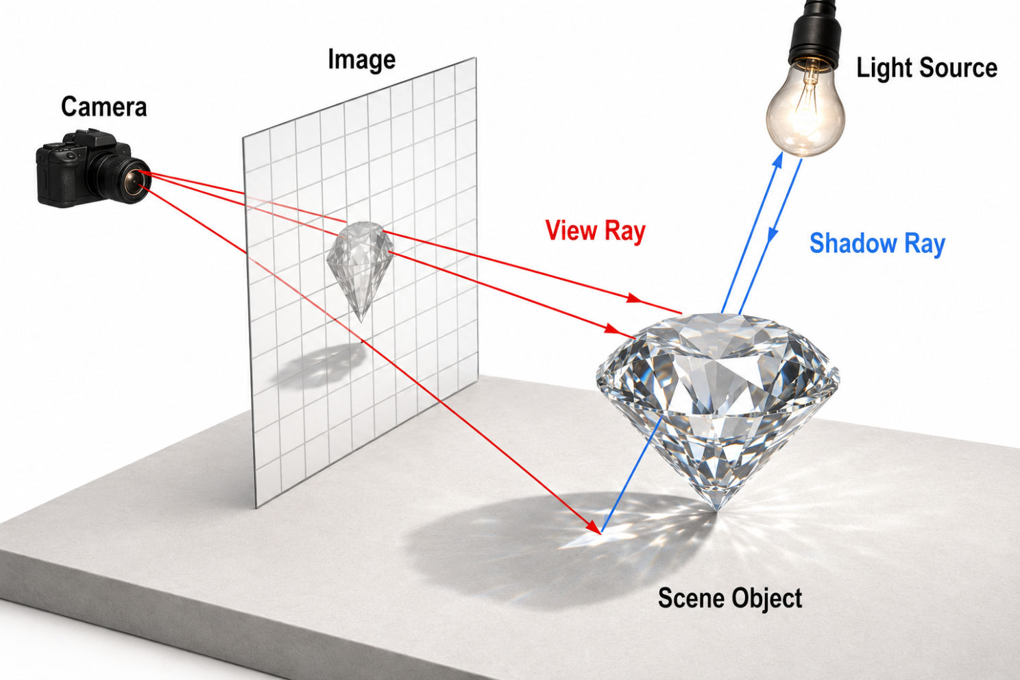 A diagram of recursive ray tracing: rays cast from the camera through pixels, intersecting scene objects, spawning reflection and shadow rays.