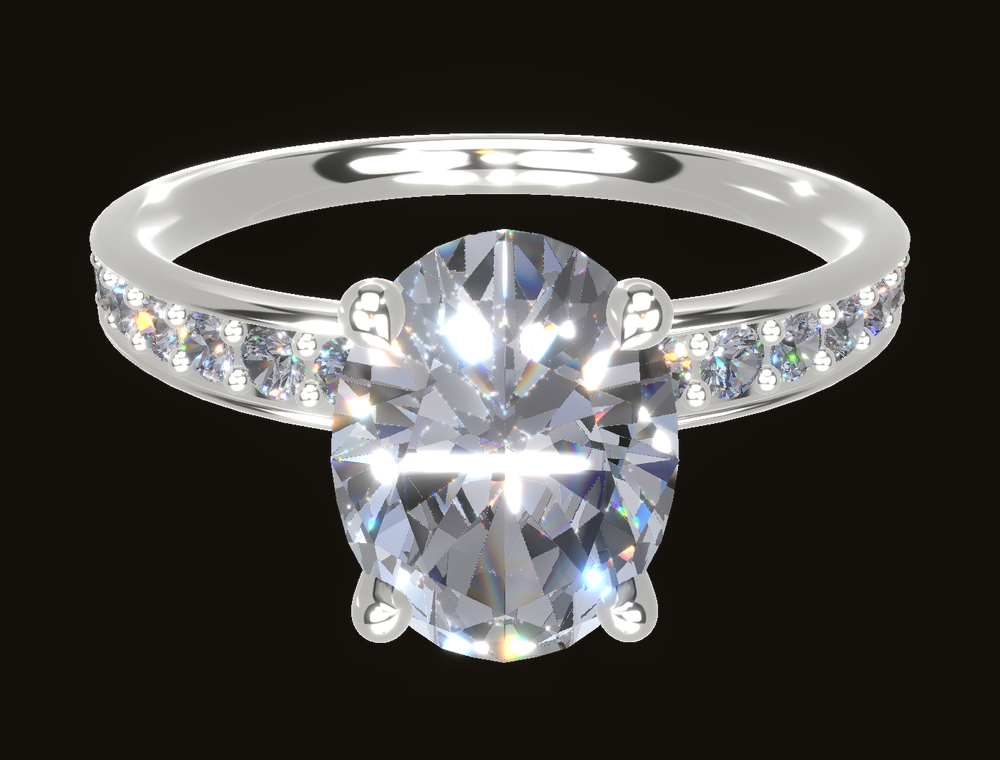 A bespoke composition: an oval brilliant in a four-prong setting on a pavé band, rendered live.